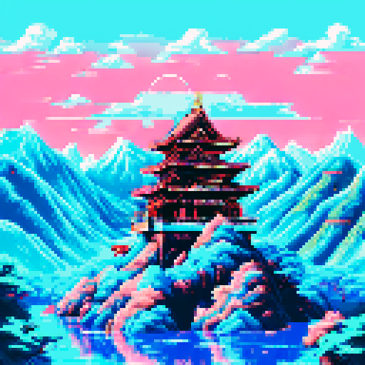 A towering, red-roofed Japanese temple nestled in a lush, mountainous landscape surrounded by cherry blossom trees with pixelated details and a serene sRGB color scheme