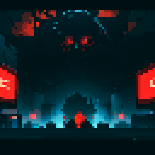 Massive computer terminal, clustered electronics towers, dark cavern, morbid scene, blinking red lights, sRGB, pixel art