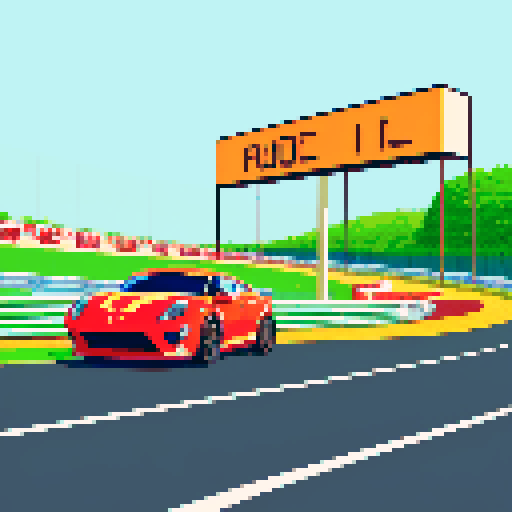 the race track, there are cars, in front of them is a big sign start