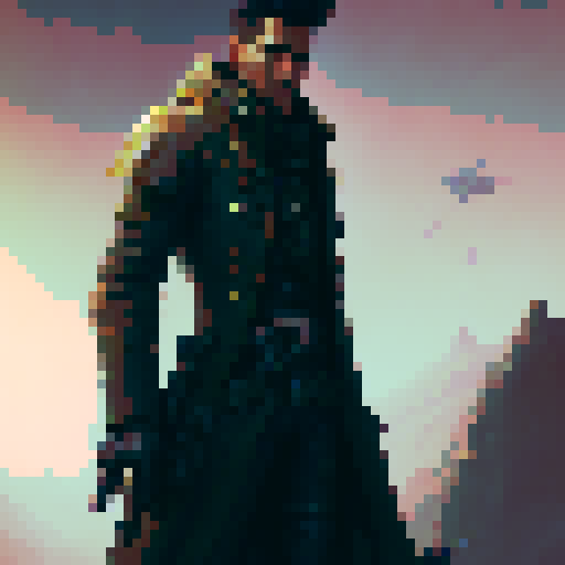 Steampunk hunter dressed with long coat with rifle on back and pistol on hand viewed from top down perspective