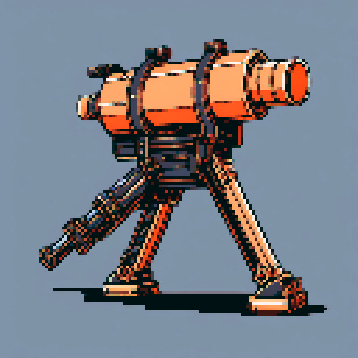 I want a big copper minigun without a stand viewed from from the side. It should have strange mechanical details that could interlock with others. I want this object usable an asset in a videogame, meaning only one object per image, outlined with a strong black stroke, on a solid-color background.

