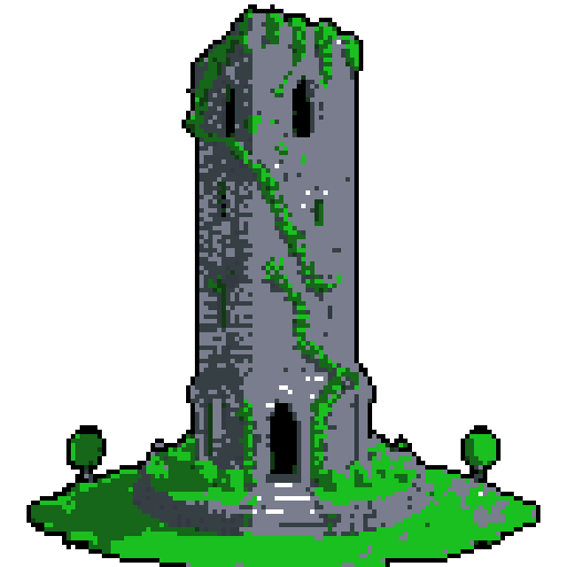2d grey stone tower in an ancient english style. Old and crumbling but still upright. Green vines crisscross it. Usable as an asset (clear, thick lines and a white background). Put a black stroke around the composition
