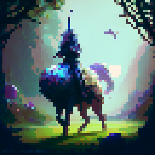 Feathered warrior wielding a sword and shield, standing amidst a lush forest with a babbling brook and glittering mushrooms