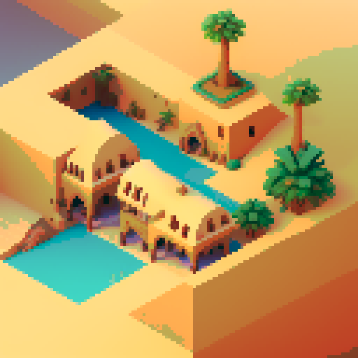desert village, bustling market, towering sand dunes, colorful rooftops, winding narrow streets, palm trees swaying, vibrant rugs, distant oasis, golden sunsets, sandstone buildings, mosaic patterns, pixel art