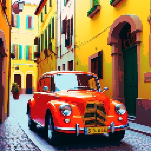 vintage car, vibrant colors, in a colorful italian city road