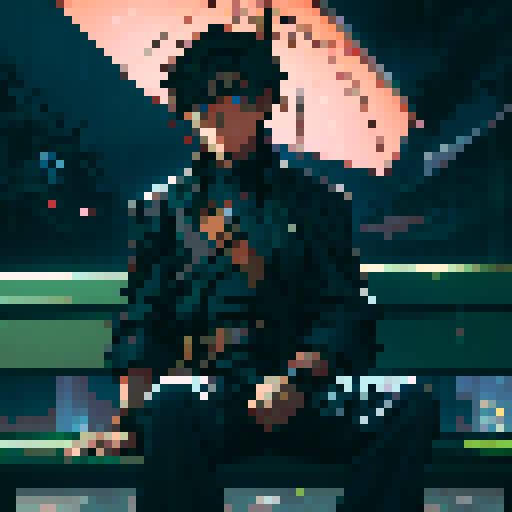 Sci-fi male gunslinger sitting on a bench waiting for the rain to stop