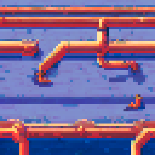 Top Down view, spaceship floor, industrial pipes, metallic panels, sRGB colors, pixel art style, background landscape