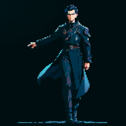T-pose. Male. Full body. Short, dark blue hair. Black coat. Thin, covert, black armor underneath the coat. Better facial features. full lighting.