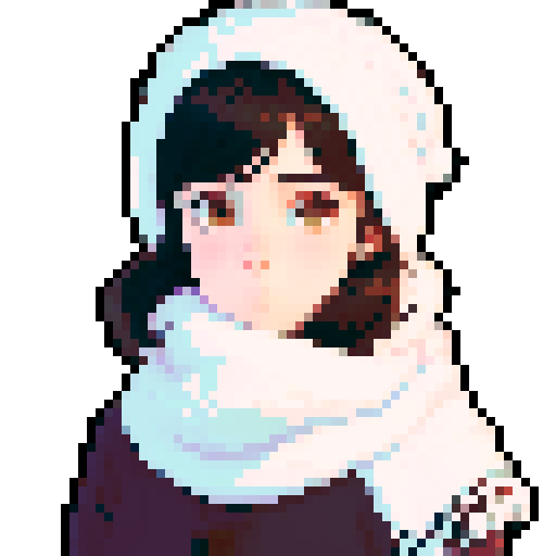 portrait, sprite art, young woman, dark eyes, dark hair, shy girl, awkward, cute, soft eyes, autistic, cozy winter, white scarf, shy, timid, stardew valley