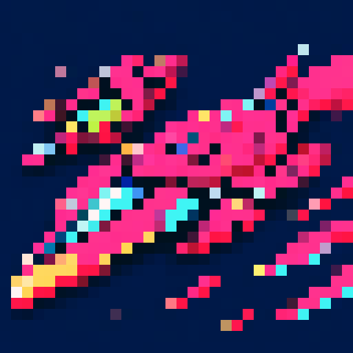 Sharp, angular spaceship with sleek, metallic hull and vibrant, contrasting pixel art colors