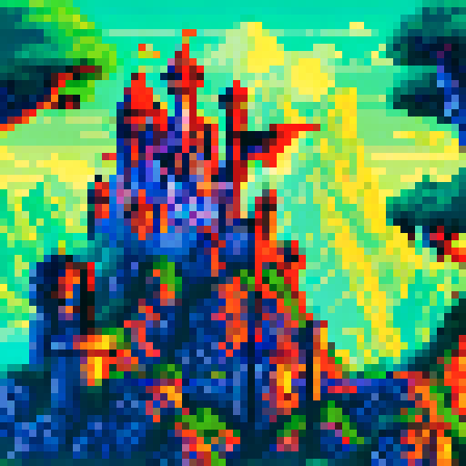 Majestic castle, towering mountains, giant cat standing over city, dragon wings, landscape portrait
