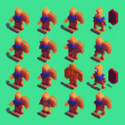 sprite sheets for the hero character, a 32x32 armored woman sprite, wielding a sword and shield, with animation frames for walking, running, dodging, blocking, and attacking. Two expressive 64x64 portraits for dialogue are tucked in the corner.