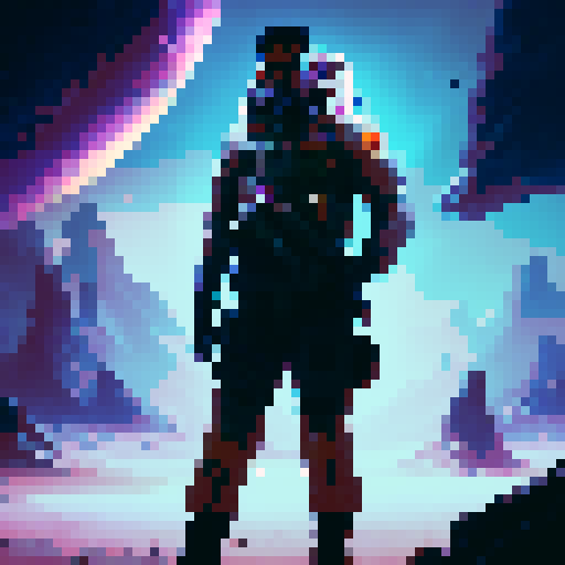 16-bit space smuggler with a laser pistol, wearing a leather jacket and cargo pants, standing on a rocky planet with a starry sky behind them, surrounded by a group of alien bounty hunters armed with futuristic weapons