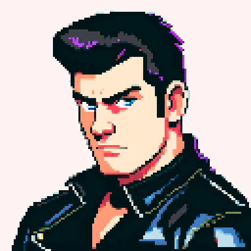 Muscular, tough greaser man with a pompadour hairstyle, wearing a motorcycle jacket, pixel art, sRGB colors, portrait, face avatar