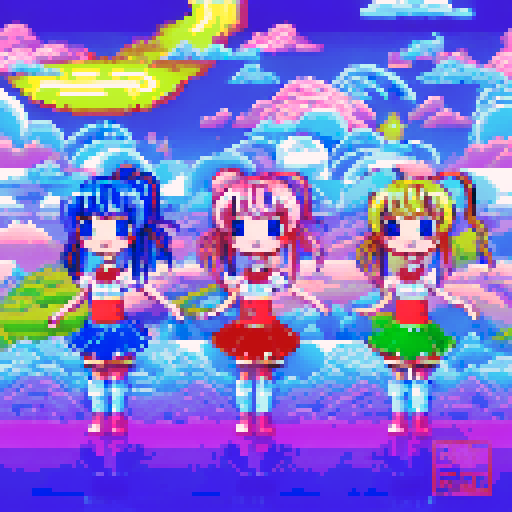 kawaii cheerleaders with pigtail hair, surrounded by a galaxy in the sky, against a meat background, using neon colors in a pixel art style, creating a vibrant sRGB landscape