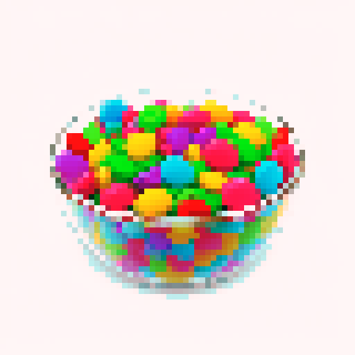 rainbow candy mix in different shapes in a glass bowl, white background

