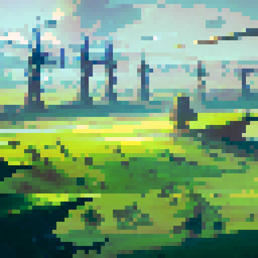 Heroes facing the sunset standing in a flourishing fields with lush greenery wind turbines and solar panels