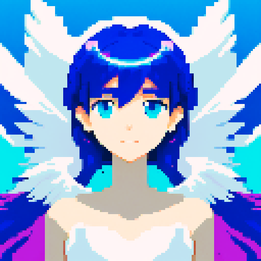 
Beautiful, ethereal angel with shimmering wings and flowing, liquid-like chrome body, rendered in minimalist pixel art with vibrant, dazzling sRGB colors