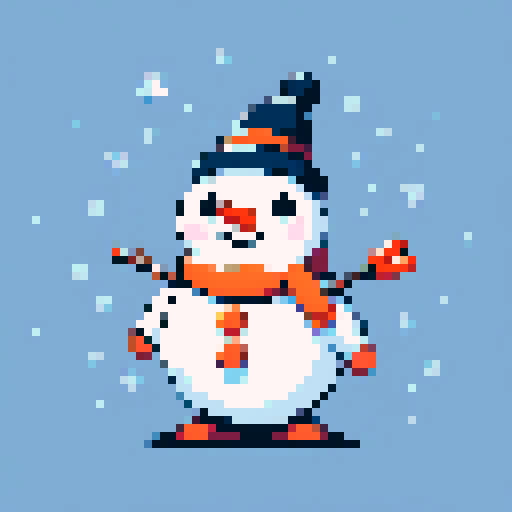 cute, chubby snowman with a carrot nose, coal eyes, and stick arms, surrounded by falling snowflakes in a pixel art style, 32x32