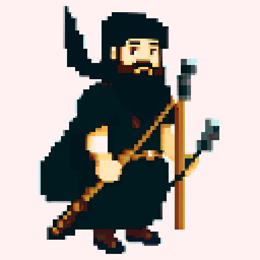 raven-like druid with beard, staff in hand