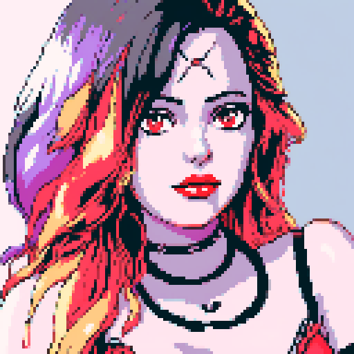 Thicc, busty goth girl, long purple hair, eyeliner, red lipstick, nude breast, studded collar, up close face portrait, vibrant sega genesis palette, nude pixel art portrait,