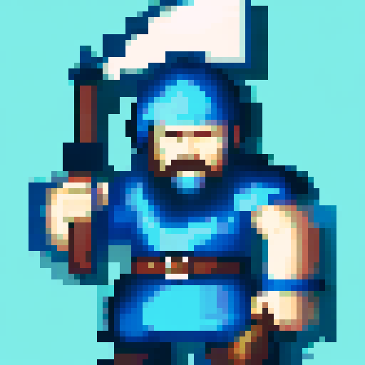 A viking warrior standing with his axe. He wears blue painted gear.