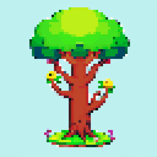 Tree, adorable, game asset, Earthbound-style pixel art, vibrant colors, detailed leaves, whimsical branches, cartoonish trunk, playful textures, nostalgic vibes