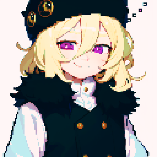 Solo male, perfect anatomy, straight-on, inframe, facing viewer, round pupils, light blonde hair between eyes, wearing ushanka hat with black fur collar, black vest, puffy sleeves, black elbow gloves, round pink eyes, smile, pixel art style, sRGB colors, half closed eyes