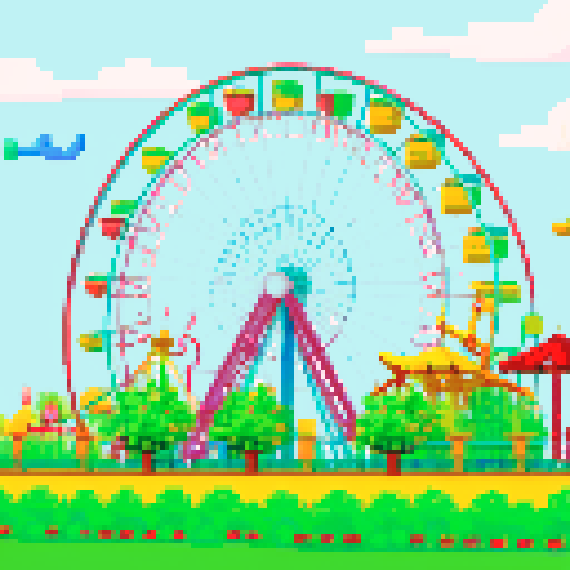 Amusement park, vibrant roller coasters, whimsical carousels, towering ferris wheels, vibrant colors, pixel art