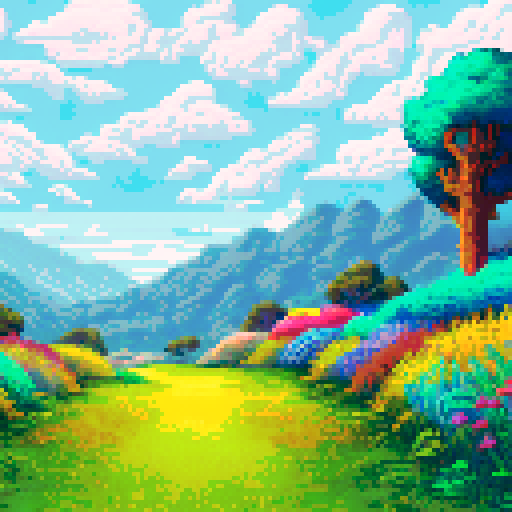 Rolling hills of golden grasses dotted with wildflowers, stretching as far as the eye can see, against a pixelated sRGB background of a pastel sunset sky, creating a serene landscape