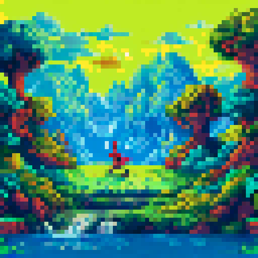 faceless nude human in yellow, wielding bow, targeting animal, surrounded by greenery, pixel art, sRGB
