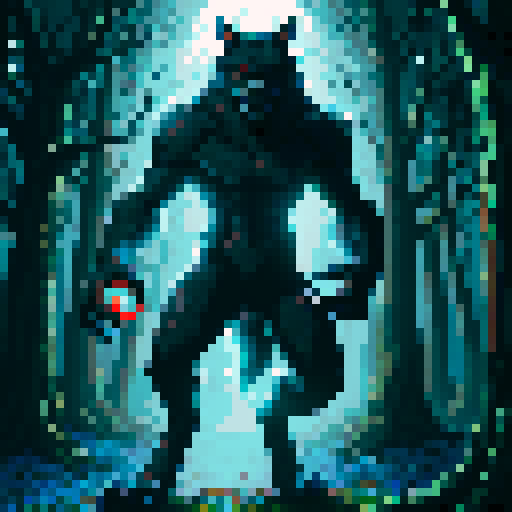 werewolf, forest background, red-eyed, slightly hunched posture, pixelated style, vibrant sRGB colors