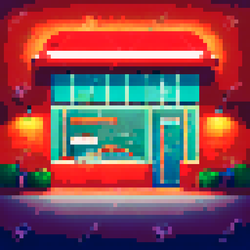 Dimly lit pizzeria office with a retro sign, flickering neon lights, red and white checkered tablecloths, and a stack of pizza boxes in the corner