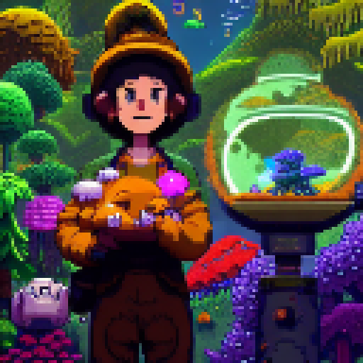 Podcaster in Stardew world, surrounded by whimsical mushrooms, holding a glowing studio microphone, with a loyal dragon companion by their side.