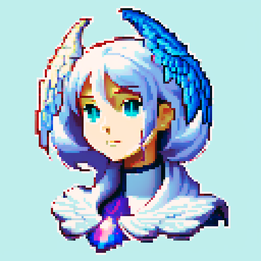 
Beautiful, ethereal angel with shimmering wings and flowing, liquid-like chrome body, rendered in minimalist pixel art with vibrant, dazzling sRGB colors