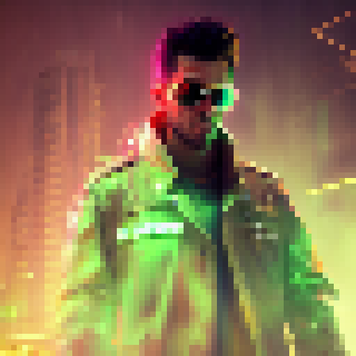 Neo, surrounded by towering skyscrapers, stands stoically as rain cascades down his leather coat and the neon lights of the city reflect in his mirrored sunglasses, while a glitching digital world swirls in the background, rendered in a cyberpunk art style.