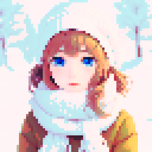 portrait, sprite art, young woman, cute, soft eyes, autistic, cozy winter, white scarf, shy, timid