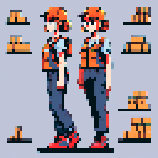 young, female warehouse worker, Amazon Germany, pixel art