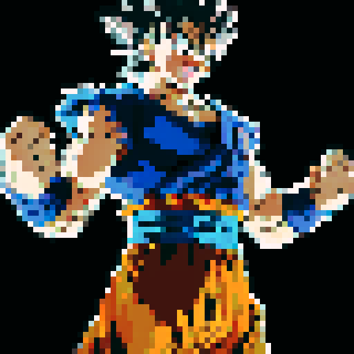 Create a 60x60 pixel art of Goku, with accurate features: spiky hair, orange and blue suit. It should mimic the anime’s style, resembling classic 8-bit video game art and be highly recognizable. try to generate this into a full body shot 