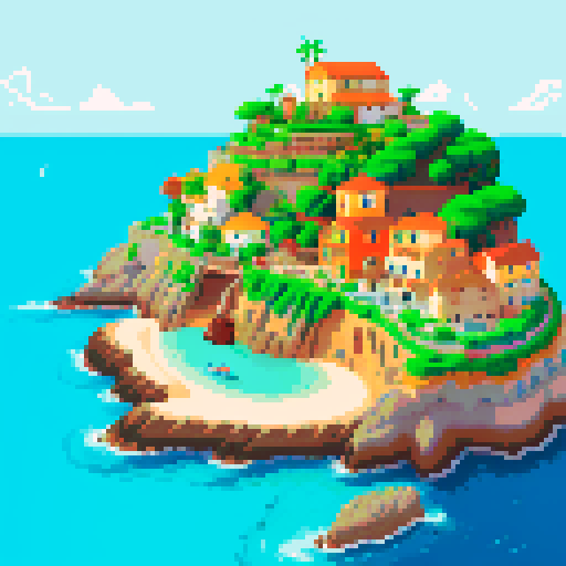 island with orange-roofed Italian homes, boats, small beach, pixel art, sRGB, muted colors, ghibli