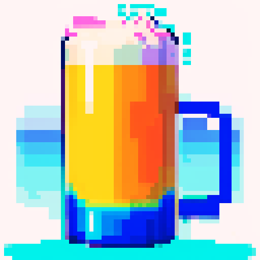 hand pouring draft beer, close up, fantasy 8 bit style, pixel art, vibrant colors, foam overflowing, carbonation fizzing