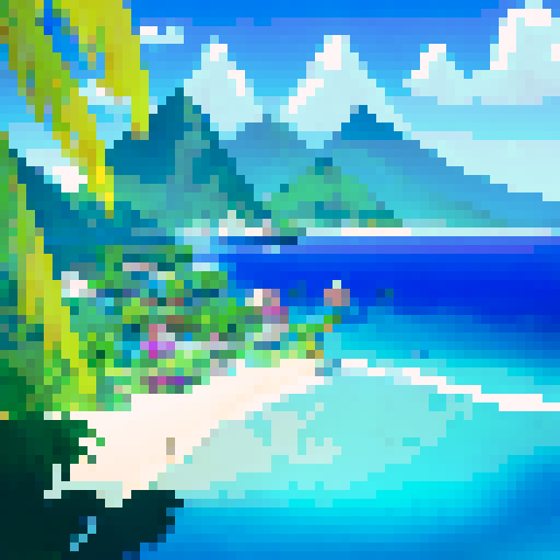 Palm trees sway over the white sandy shore as colorful huts rest on stilts above the crystal clear turquoise waves in a tropical island paradise.