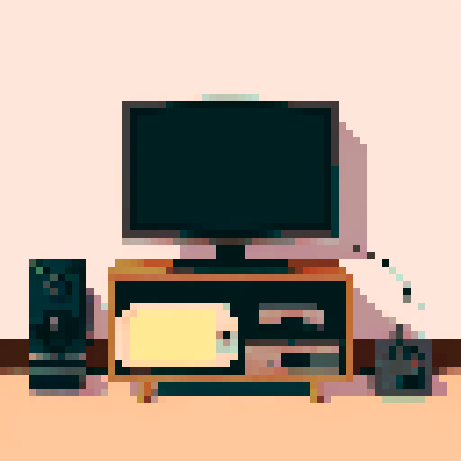 subject is Retro game console, controller plugged into old tv, TV shows image of a cabin on screen, in a cozy room, soft color palette