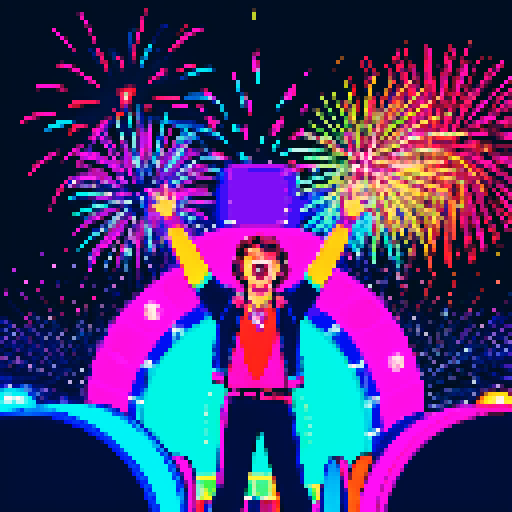 Solo male vocalist, vibrant retro outfit, passionate singing, neon lights glow, enraptured massive crowd, raised hands, pixelated fireworks burst, vivid sRGB color palette