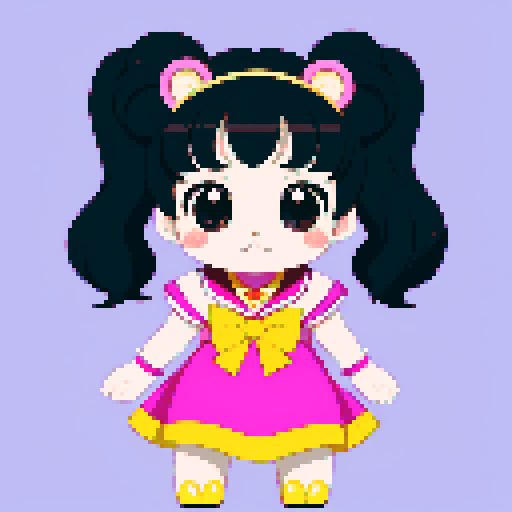 This image features a stylized bear inspired by Sailor Moon, depicted in a chibi art style. The bear has, expressive black eyes and a cute, youthful appearance. The hair is styled in long twin pigtails, accented with pink and gold ribbons, matching the color theme of the outfit, which includes a sailor-style collar and a pink bow. The background is interesting magic landscape, enhancing the character's playful and magical theme. This is a typical example of how popular anime characters