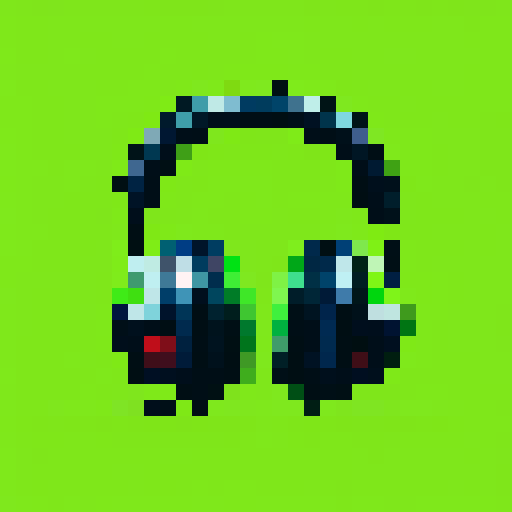 sci fi headphones, lime green background, 1-bit pixel art, game icon, sRGB, pixel art, landscape