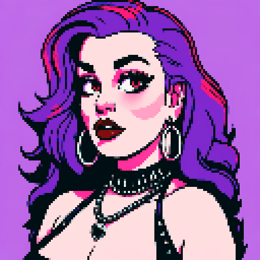 Plus size curvy, cute, busty greaser goth girl, with long purple hair, black eyeshadow, red lipstick. wearing low cut halter top and studded collar. Posing for upshot photo. whole head portrait, avatar photo. vibrant sRGB colors, pixel art, edgy aesthetic