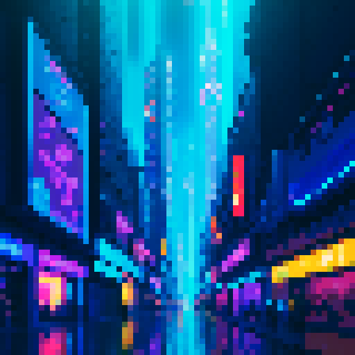 deep blue, neon-lit, towering skyscrapers, metallic sharks, glowing circuitry, flickering holograms, glitched-out billboards, rain-soaked streets, robotic falcons, steam rising, futuristic graffiti, vibrant neon signs, bustling androids, illuminated alleyways, cybernetic felines, pulsating energy, glitchy glitchpunk, digital rainbows, pixelated perfection, electrified atmosphere