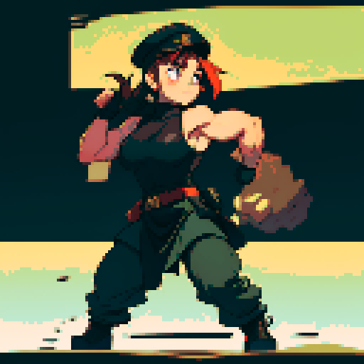 full-body image, muscle girl, female, thick biceps, big shoulders, big fists, muscular physique, thick waist, facing left, ready to fight, exaggerated proportions, black military uniform, black hat, military backdrop, sRGB, pixel art, no background, no backdrop, facing left, fists raised, ready to fight