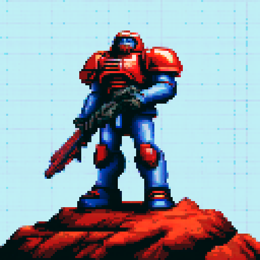 A top-to-bottom pixel-art image of a Warhammer 40,000 Imperial Space Marine in dynamic pose, with a clean white background.top-to-bottom view